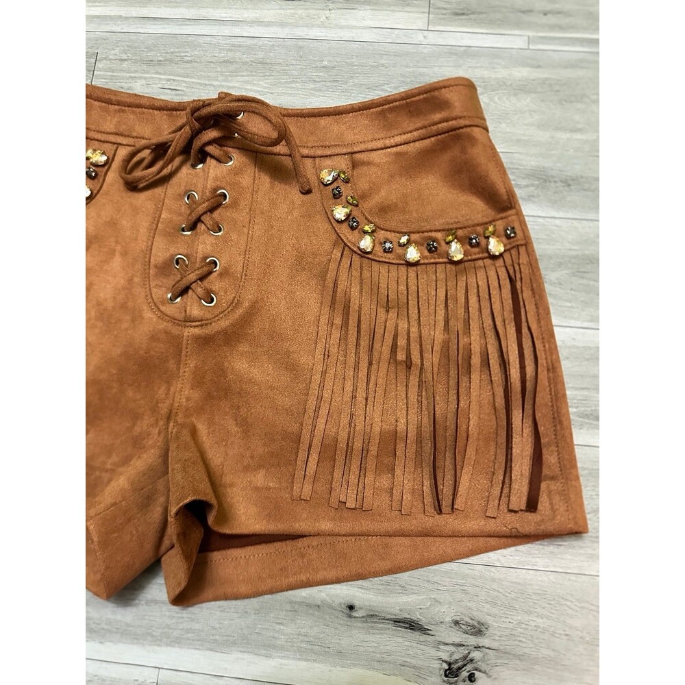 Steve Madden Brown Fringe Suede-Look Lace-Up Shorts S - Picture 6 of 11
